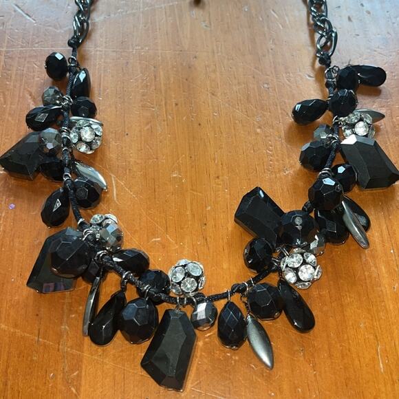 M. Haskell Black Silver Beaded Statement Necklace Rhinestone Accents Chunky Bib - Picture 3 of 3